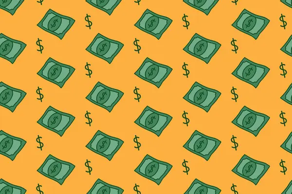 Dolar banknotu ve para birimi sembolü sarı arka planda renkli karalama deseni. Para ve dolar tabelaları kusursuz. Finansal para birimi izole edilmiş motif duvar kağıdı. Vektör İllüstrasyonu