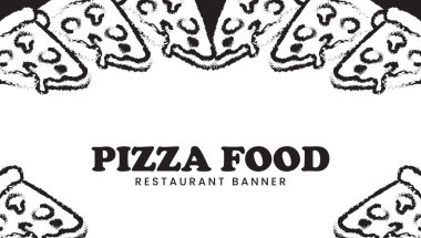 Biftekli pizza dilimi, mantar, restoran için peynirli pankart şablonu. Kafe menüsü için elle çizilmiş peynirli pizza özeti. İtalyan pizzası fast food yemek pazarlama için karalama pankartı