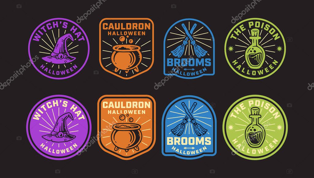 Witch hat, bubbling cauldron, broomstick crossed, poison bottle, flask retro badge logo vector design set for halloween spooky merchandise and print design. vector illustration