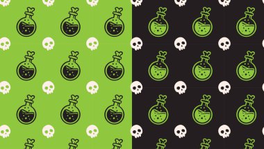 witch potion bottle and skull doodle motif pattern on green black background set for halloween merchandise. magic alchemy flask and skull isolated seamless pattern background. vector illustration