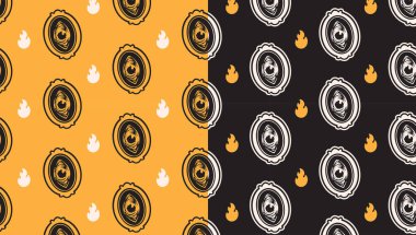 cursed mirror with evil eye and fire doodle pattern on yellow black background set for Halloween merch. spooky portal, magic reflection, flame , burn isolated motif background. vector illustration