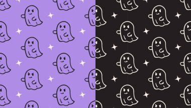 spooky ghost, phantom, light doodle pattern on purple black background set for Halloween merchandise. haunted apparition, spirit, ghoul, star, isolated seamless pattern background. vector illustration