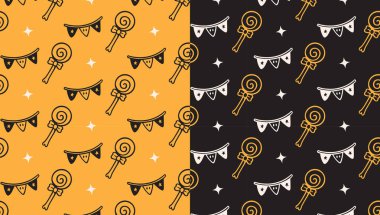 lollipop bone candy, party bunting, light doodle pattern on yellow black background set for Halloween merchandise. Sweet treat, festive flag, star seamless pattern background. vector illustration