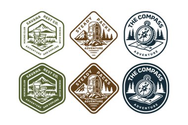 Mountain and forest adventure logo badge bundle. Retro outdoor emblem set with fold seat, compass, backpack. Hiking camping explorer patch pack. Rustic nature and trekking sticker. Vector illustration