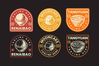 Ay çöreği, tangyuan, Çin tatlıları, geleneksel tatlılar, restoranlar, kafeler, sokak yemekleri, aşçılık, pastane, gurme için Asya yemekleri retro rozet tasarımı seti. vektör illüstrasyonu