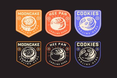 ay çöreği, Hee pan, badem kurabiyesi, geleneksel pasta, restoranlar, kafeler, sokak yemekleri, aşçılık, pastane, gurme için Asya tatlı retro rozet tasarımı seti. vektör illüstrasyonu