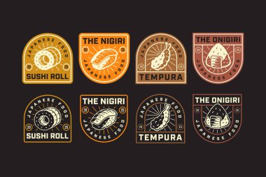 Suşi dürümü, nigiri, tempura, onigiri, Japon yemek klasik rozet logosu logosu restoranlar, kafeler, sokak yemekleri, aşçılık, pasta, fırın, gurme, mutfak. vektör illüstrasyonu