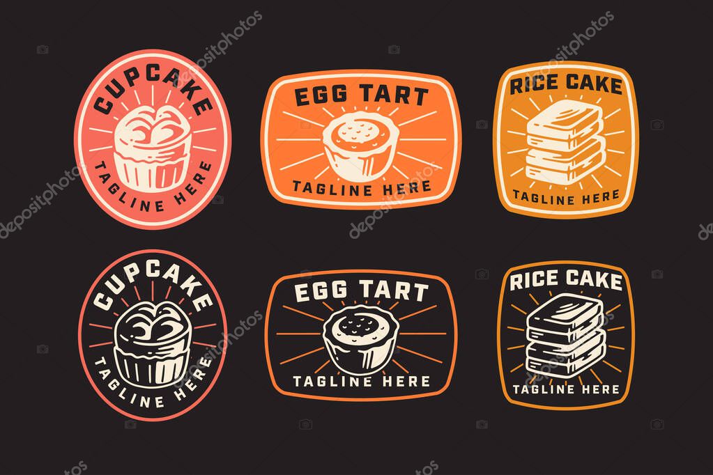 Cupcake, egg tart, rice cake, bakery sweets, traditional pastry retro badge patch logo design set for restaurant, cafes, street food, culinary, pastry, bakery, gourmet. vector illustration