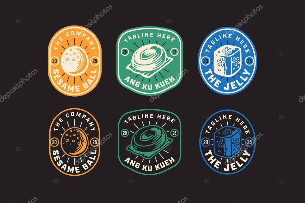 Sesame ball, ang ku kueh, jelly dessert, asian sweets, traditional snack vintage emblem patch logo design set for restaurant, cafes, street food, culinary, pastry, bakery, gourmet. vector illustration