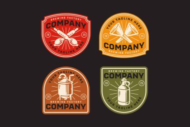 Bira üreten hidrometre, huni çakışması, çaydanlık mayası, damıtma sütunu retro rozet logosu koleksiyonu bira fabrikası endüstrisi, bar, bar, alkolik yaşam tarzı şirketi işleri için. vektör illüstrasyonu