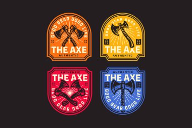 Çift başlı balta, balta, balta, odun fabrikası, kereste fabrikası, kereste sanayii, ustabaşı, açık hava işi için oduncu logosu koleksiyonu. vektör illüstrasyonu