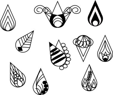 Farklı siyah-beyaz geometrik desenler, kıvrımlar, çizgiler, noktalar ve biçimlendirilmiş, simetrik bileşikler içeren soyut gözyaşı şekilli tasarımlar