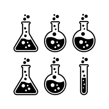 Altı siyah ana hatlı bilimsel deney şişesi beyaz zemin üzerinde sıvı içinde kabarcıklar oluşturan kimyasal bir reaksiyon gösteriyor..