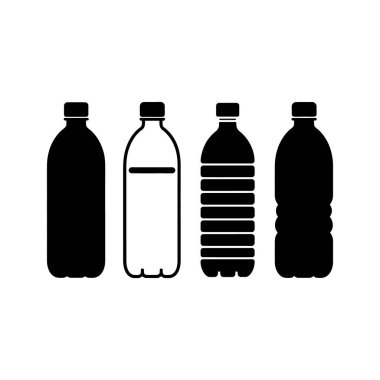 Dört eşsiz plastik su şişesi tasarımı siyah siluetler olarak sergilenmekte, temiz beyaz arka planda çeşitli şekiller ve dokular sergilenmektedir.