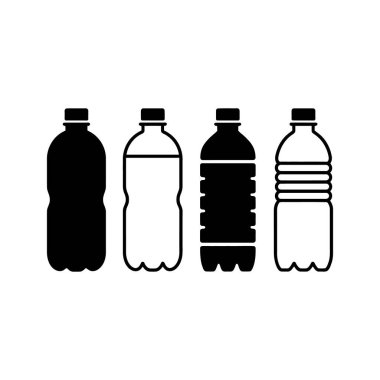 Farklı şekil ve çizgileri gösteren dört basit plastik şişe simgesi sıralanır; ikisi doldurulur ve ikisi beyaz bir arkaplanda özetlenir.