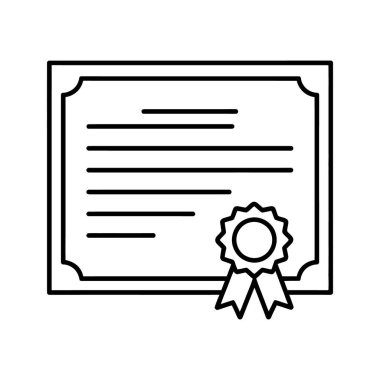 Kurdeleli çerçevelenmiş sertifika ana hatları tanımlama simgesi için beyaz arkaplanda başarıyı gösterir.