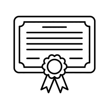 Özetlenmiş diploma simgesi, beyaz bir arkaplanda gösterilen dekoratif bir rozet ve kurdele detayına sahip çeşitli yatay çizgiler sergiliyor.
