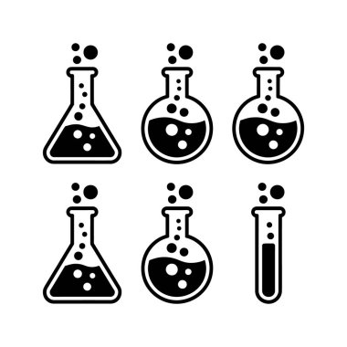 Sıvı ve baloncuklardan oluşan bilimsel cam eşyalar, beyaz arka plandaki bilimsel araştırmaları, deneyleri ve kimyasal süreçleri temsil eden soyut bir siyah siluet vektör kümesi oluşturur..