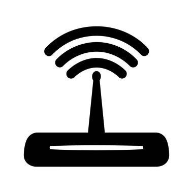 Bu grafik, temiz beyaz bir arkaplanda yayılma olarak tasvir edilen, belirgin bir sinyal ile temel bir yönlendirici simgesi sunar..