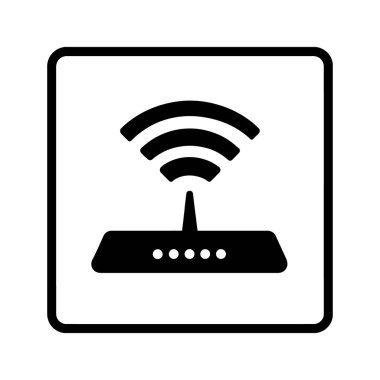 Yuvarlak bir kare içinde izole edilmiş bir siyah wifi modem simgesi, basit ve modern bir teknik sembolü gösteren beyaz bir arkaplanda gösterilmektedir..