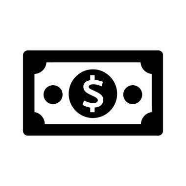 Merkezde belirgin bir dolar işareti, her iki tarafta da daha küçük daireler bulunan siyah köşeli para simgesi beyaz bir arkaplan üzerine kuruludur..