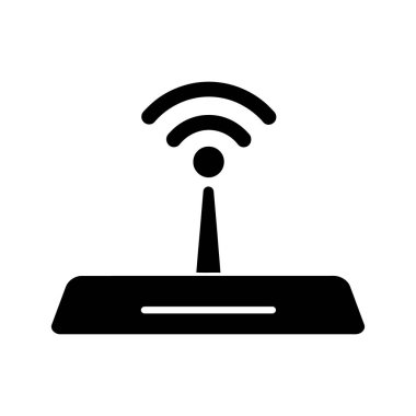 Siyah yönlendirici antenden kablosuz internet sinyalleri yayıyor. Beyaz arkaplan üzerinde basit..