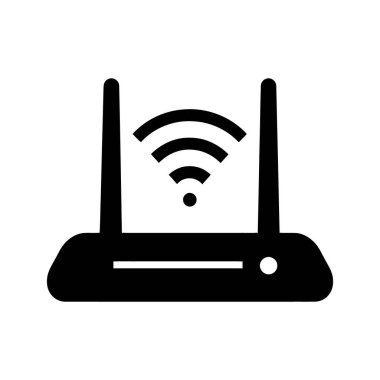 Wi-Fi sinyali yayan siyah yönlendirici, basit ve izole edilmiş bir sembol olarak gösterilir, teknolojik bağlamlarda kullanmak için idealdir..