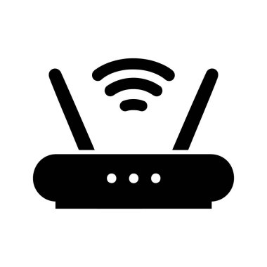 Siyah siluet, temiz beyaz bir arkaplanda duran, antenleri ve sinyal dalgalarıyla dolu, parlak bir kablosuz yönlendirici tasvir ediyor..