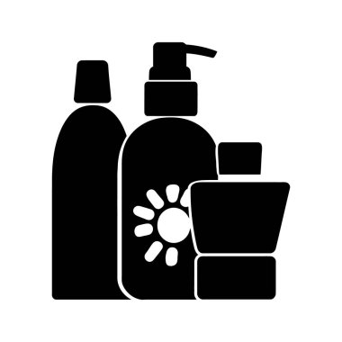 Siyah siluet, kozmetik ve yaz konsepti için beyaz arka planda losyon, yağ ve krem gibi güneş koruması ürünleri sunar..