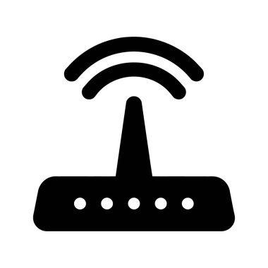 Bir siyah kablosuz yönlendirici, üzerindeki kavisli çizgilerle gösterilen sinyalleri yayınlar, hepsi beyaz bir arkaplanda görünür..