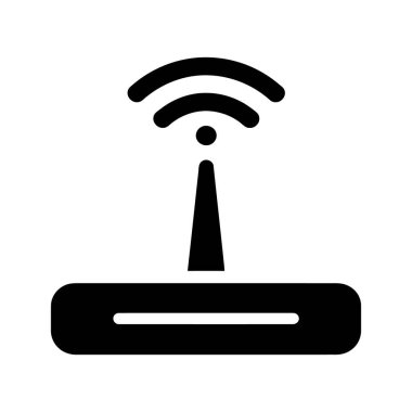Siyah kablosuz yönlendirici simgesi cihaz üzerinde sinyal dalgaları yayıyor, açık beyaz bir arkaplan üzerine ayarlanmış, bağlantı ve internet erişimini basitçe gösteriyor.