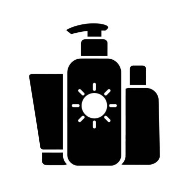 İçinde losyon, krem ve güneş kremi bulunan üç farklı konteynır basit bir vektör siluetinde sunuluyor..