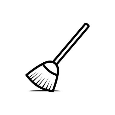 Yana eğimli siyah bir süpürgenin basit tek renkli çizimi. Minimalizm ve temiz, kısa ve öz çizgilerle tasarlanmış beyaz yüzeye karşı duruyor..