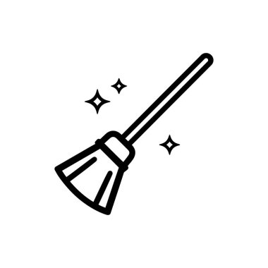 Siyah çizgi sanatı, temizliği gösteren yıldız simgelerini gösteren basit bir süpürgeyi simgeyi vurgulamak için beyaz bir arkaplanda sunar..
