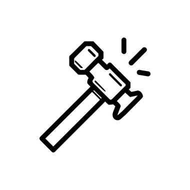 Siyah çizgi sanatı, beyaz bir arka planda sergilenen çekiç başlığının etrafına enerji hatları saçan cesur bir ana hatla basit bir çekiç aracını tasvir eder..