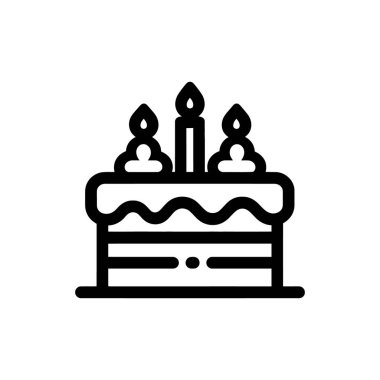 Siyah çizgili sanat eserleri, üzerinde krema ve beyaz arka planda sunulan üç katmanlı bir doğum günü pastası ve üç mum gösteriyor..