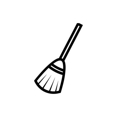 Siyah süpürge simgesi temizlik ve düzeni gösterir, temiz beyaz bir arkaplan üzerinde oturan basit ama etkili bir görüntü yaratarak, temel ev aletlerini gösterir.