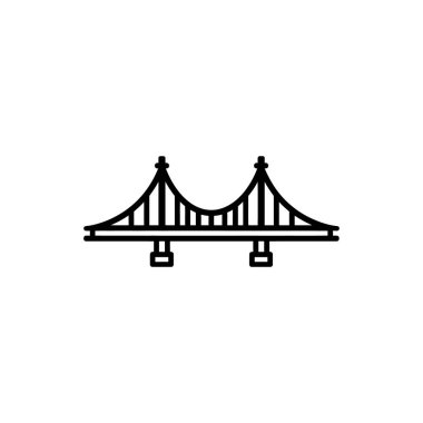 Siyah çizgi köprü mimarisini beyaz bir arkaplana karşı tasvir eder, bağlantıları, altyapıyı ve mühendislik basitliğini simgeler, minimalist yapıyla ilgilidir.