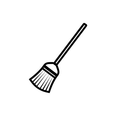 Siyah çizim, beyaz arka planda yer alan uzun kulplu ve fırça kıllı standart bir süpürgeyi gösteriyor. Bu temizliği iletir..