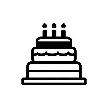 Üç katlı siyah çizilmiş doğum günü pastası ikonu, üzerinde üç mum var, beyaz arka planda, kutlama temalı grafikler için mükemmel..