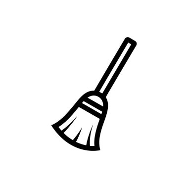 İzole edilmiş basit bir taslak simgesi klasik şekilli kıllara ve temizlik kavramları için beyaz bir arkaplanda dinlenen siyah bir süpürgeyi gösterir.