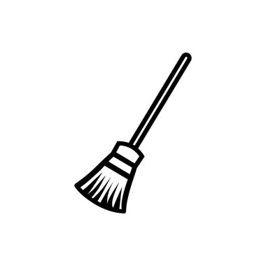 Basit siyah çizgi sanatı, temiz beyaz bir arkaplanda uzun saplı ve kalın kıllı bir süpürgenin ana hatlarını gösterir..