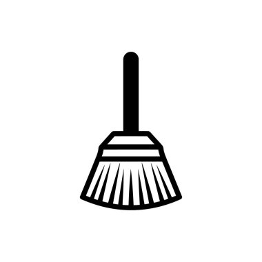 Bu basit siyah simge kısa saplı ve görünür kıllı bir süpürgeyi gösteriyor, temiz beyaz bir arkaplan üzerine kurulmuş, kolayca kullanılabilir hale getiriyor.