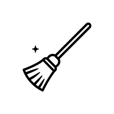 Bu resim, koyu siyah çizgilerle betimlenmiş basit bir süpürge simgesini beyaz bir arkaplan üzerinde küçük, parlak bir yıldızla birlikte tasvir eder..