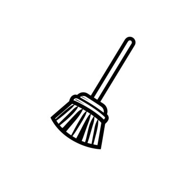 Ahşap saplı basit süpürge, beyaz arka plana karşı siyah beyaz tasvir edilir. Temizlik konsepti için mükemmeldir..