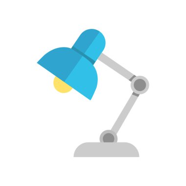 Gösterişli, açık mavi ayarlanabilir lambanın altında parlak sarı bir ampul parıldıyor, esnek gri bir kol ve tabanı var, hepsi temiz beyaz arka planda..