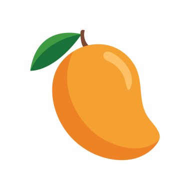 Canlı renkleriyle sergilenen tek bir olgun mango meyvesi ve temiz beyaz arka planda sunulan taze yeşil bir yaprak..
