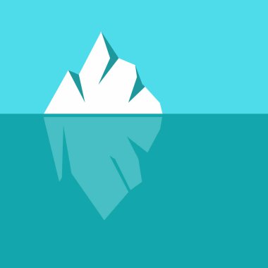 Beyaz arkaplanlı bir buzdağı denizin ortasında yüzüyor gibi görünüyor. Grafik, deniz mavisi sularıyla çevrili keskin, açısal bir buzdağına sahip..