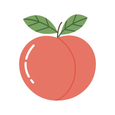 Yeşil yapraklı karikatür şeftali meyvesi beyaz arka planda gösterilir, basit bir tasarım sergilenir.