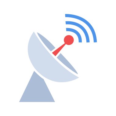 Kırmızı antenli mavi ve beyaz uydu anteninin düşük açılı görüntüsü beyaz arka planda mavi dalga sinyalleri gönderiyor..